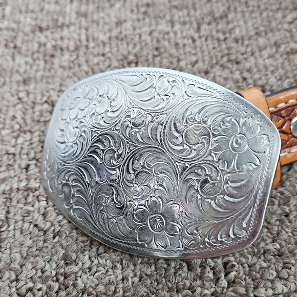 Vtg 1994 Double J Saddlery Bling Horsehair Leather Belt Silver Floral Buckle 32 main image 4